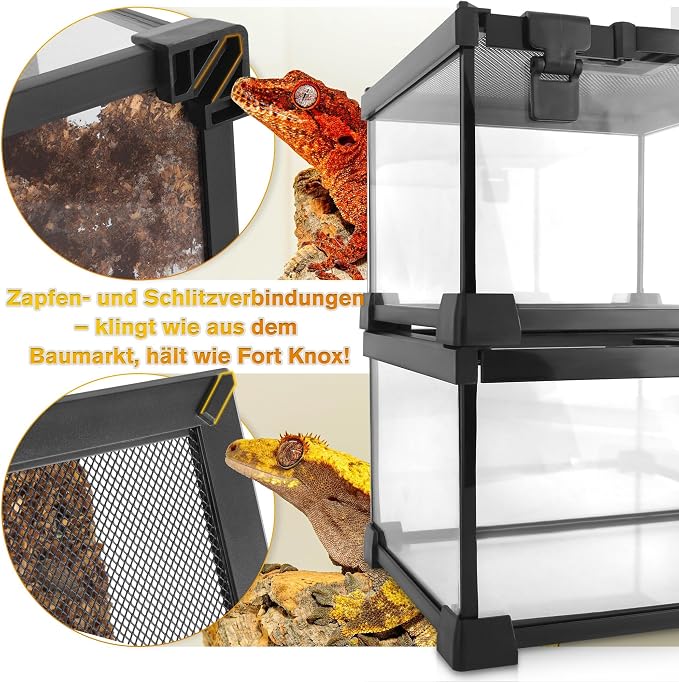 20"x12"x14" Reptile Terrarium, Escape-Proof Glass Arboreal Vivarium for Small Arboreal Reptiles Such as Crested Geckos, with Escape-Proof Lock & Feeding Hatch