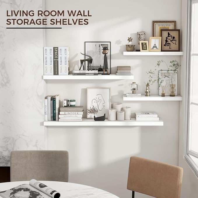 36" Wide x 8" Deep Floating Shelves for Wall, White Finish, 2-Pack | Engineered Wood Wall Shelves with Invisible Brackets for Living Room, Bedroom, Bathroom, Office & Kitchen Storage