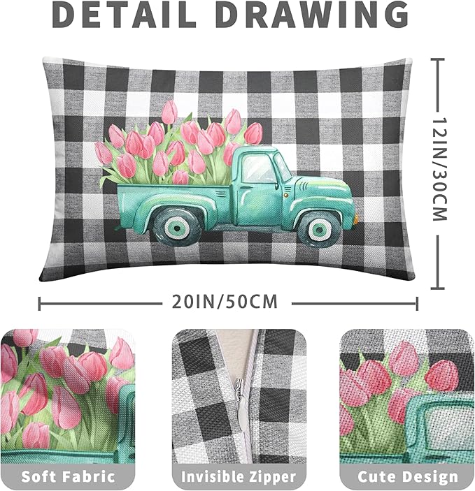 Pink Tulip Lumbar Pillow Covers Spring Truck Rectangle Pillow Case 12x20 Tulip Buffalo Check Decorative Waist Pillowcase for Couch Living Room Bedroom Set of 2