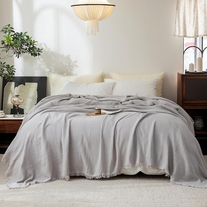 FOSSA Muslin Blanket 4-Layer 100% Cotton Gauze Blanket with Fringe 104"x90" | Super Soft Breathable Lightweight All Season & Decorative Blanket or Bed, Sofa, Office (Grayish, King )