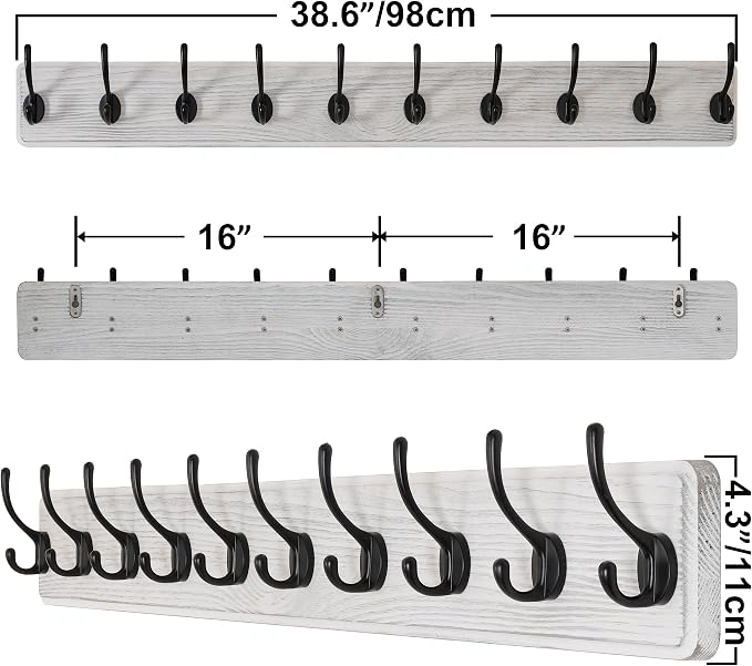 SKOLOO Farmhouse Style Large Wall Mounted Coat Rack-38.6'' Long, Pine Solid Wood Coat Hook Hanger - 10 Hooks for Hanging Clothes Robes Towels Coats