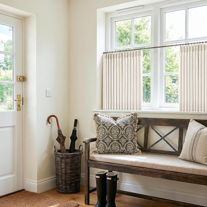 24 Inch Natural Pleated Linen Curtains for Kitchen 2 Panels Light Filtering Farmhouse Neutral Linen Textured Cafe Curtain with Hooks Rings Back Tab Memory Trained Short Drapes for Dining Room