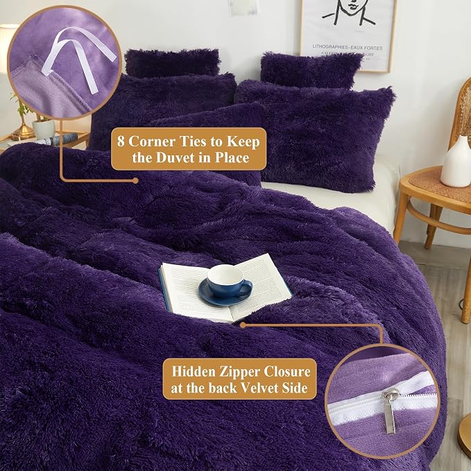 XeGe Plush Shaggy Duvet Cover Set, Luxury Ultra Soft Crystal Velvet Fluffy Furry Bedding Sets 3 Pieces(1 Faux Fur Fuzzy Comforter Cover + 2 Faux Fur Throw Pillow Shams), Zipper Closure (King, Purple)