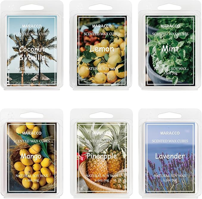 Maracco Spring & Summer Fruit Scented Wax Melts, Soy Wax Cubes for Wax Warmer, Scentsy Wax Melts, Coconut Vanilla, Pineapple, Lemon, Lavender, Mango, Mint, 6x2.5 oz