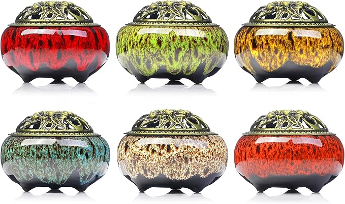 Incense Burner with Calabash Incense Stick Holder - Porcelain Charcoal Censer for Use with Resin Granular Powder Cone or Coil Incense (Kiln-Colored Yellow)