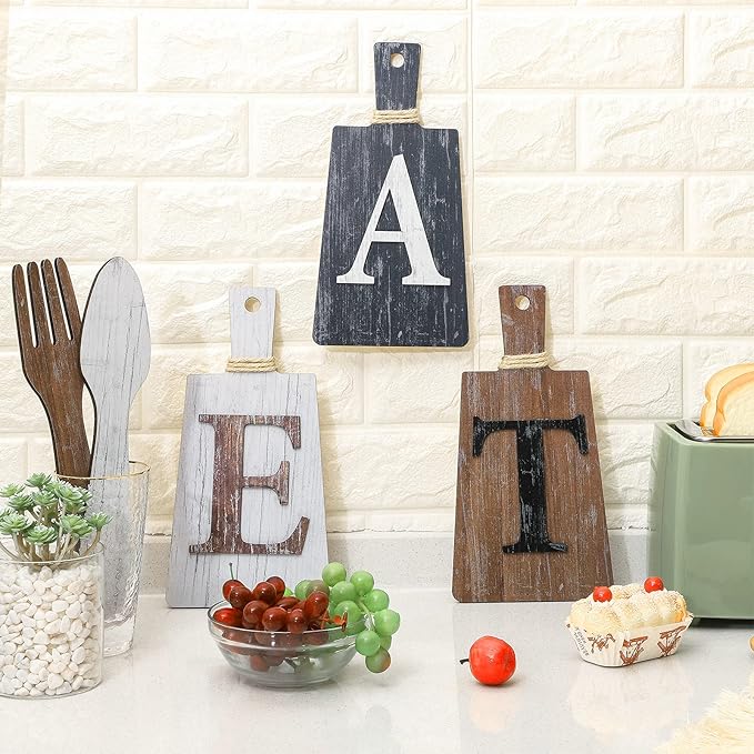 Jetec Cutting Board Eat Sign Set Hanging Art Kitchen Eat Sign Farmhouse Fork and Spoon Wall Decor Rustic Primitive Country Kitchen Decor for Home over Cabinet Decoration(White, Grey, Dark Brown)