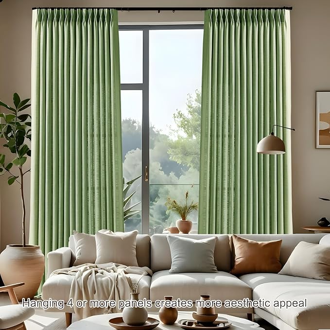 Sage Green Pinch Pleated Linen Curtains 96 Inches Long for Living Room, Light Filtering Pleat Drapes Textured Thick Ceiling Semi-Sheer Window Curtain with Hooks for Farmhouse Bedroom Balcony, 2 Panels