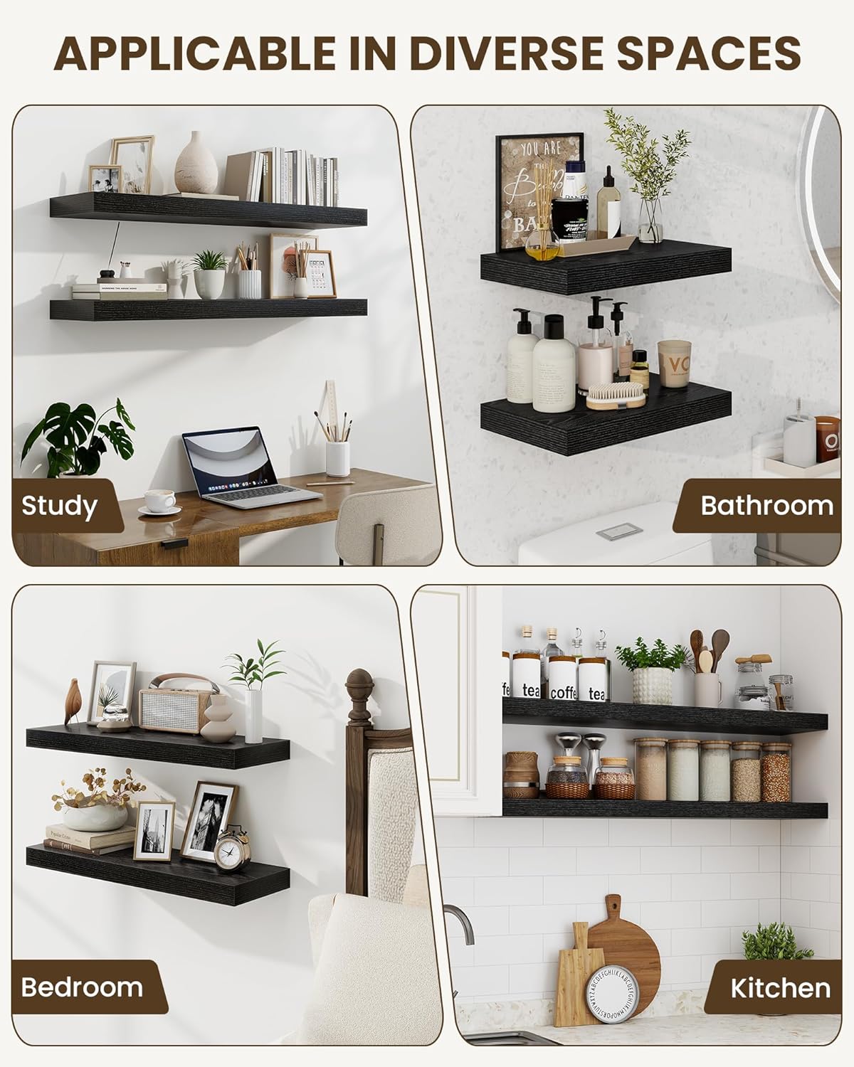 Marsmiles 31.5" Floating Shelves for Wall, Wooden Shelves with Invisible Brackets Set of 2, Rustic Farmhouse Wall Mounted Shelf for Kitchen Bathroom Living Room Study, Black