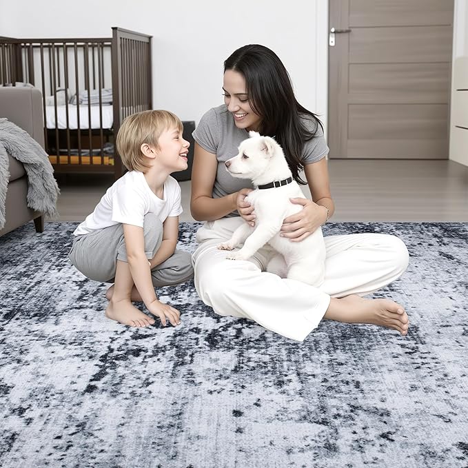 4x6 Area Rug Living Room Rug: Washable Modern Abstract Soft Thin Rug Indoor Floor No Slip Stain Resistant Carpet for Bedroom Dining Room Farmhouse Nursery Home Office - Black