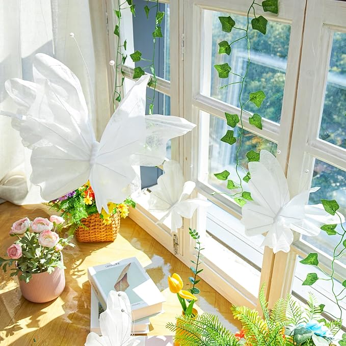 OBBOLO 3D Hanging Butterfly Decorations, White Butterfly Birthday Party Decorations, 5 Pcs Water-Repellent Paper Butterfly Hanging Decorations for Girls, Women, Flower Garden Party Décor