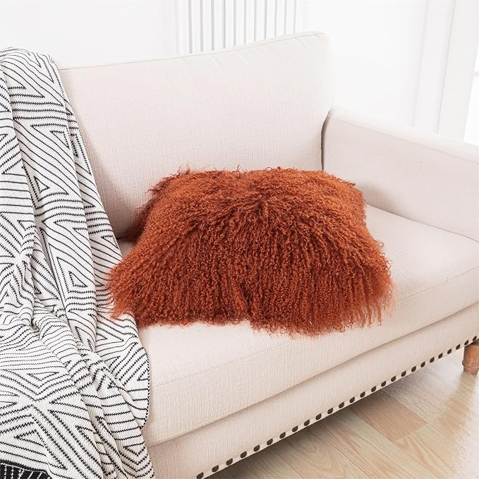 Real Tibetan Mongolian Lamb Fur Throw Pillow Cover Sheepskin Wool Fur Decorative Pillow Case Cushion Cover,Caramel, 18''x18''
