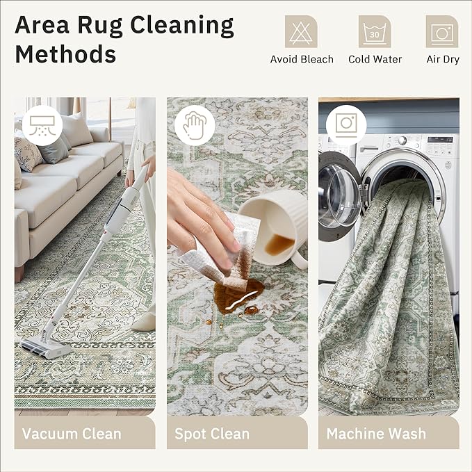 Soalmost 4x6 Area Rugs for Living Room, Vintage Washable Rugs for Dining Room, Bedroom, Home Office Decor, Non-Slip Green/Brown Carpet Thin Rug
