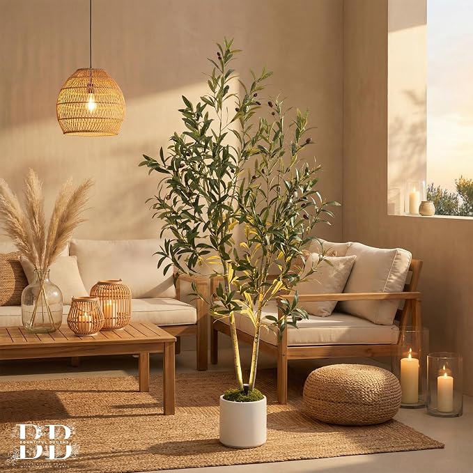 5ft Lifelike Artificial Olive Tree with Light, White Pot, Moss & LED | 711 Vein-Detailed Leaves, 40 Olives · 4ft Wired USB LED with Switch · Moss Included · Shapeable Branches · Zero Maintenance