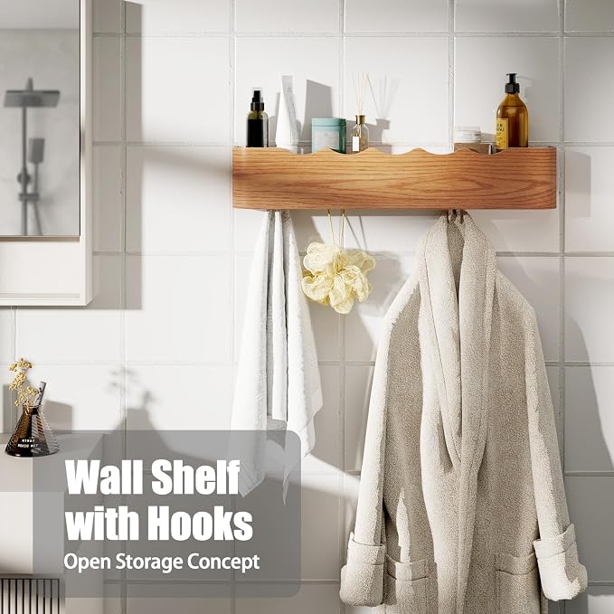Coat Rack Wall Mount with Shelf 5 Hidden Hooks Modern Wooden Key Holder Entryway Organizer for Hallway Bedroom Bathroom Home Decor Storage for Hanging Coats Hats Bags Towels, Wave-Shape Oak
