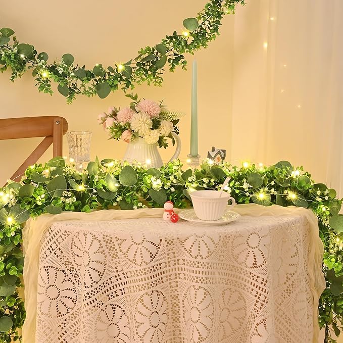 4Pcs Eucalyptus Garland with Lights, Greenery Garland, Green Garland with Flowers, 5.9FT Artificial Faux Eucalyptus Leaves Vines for Table Mantle Home Wedding Party Indoor Outdoor Decor