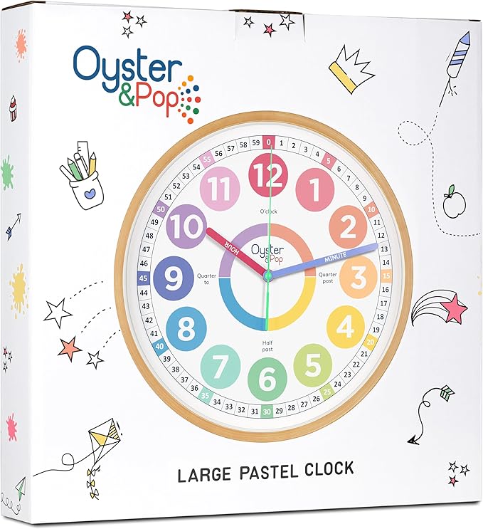 Large Pastel Kids Learning Clock β Award-Winning 14" Silent Non-Ticking Analog Wall Clock for Classroom & Kids Bedroom β Cute Colorful Room Decor & Educational Tool β Includes Teaching Time E-Book