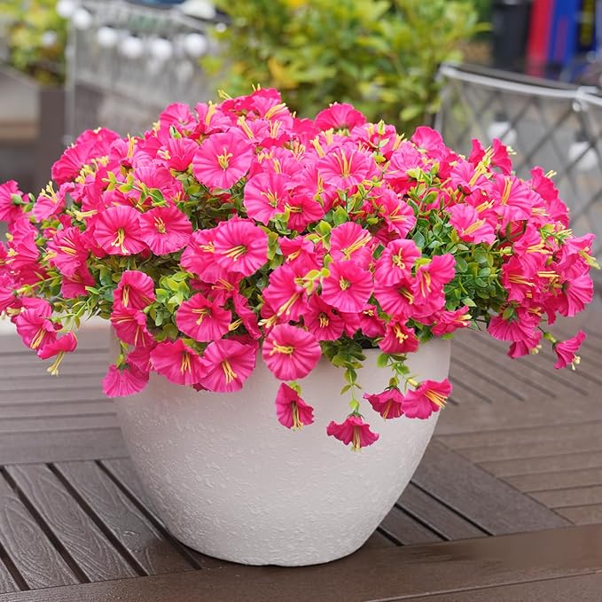 Artificial Flowers for Outdoors, UV Resistant Fake Silk Morning Glory, Realistic Faux Plants for Outside Porch Patio Window Box Hanging Planter (12, Hot Pink)