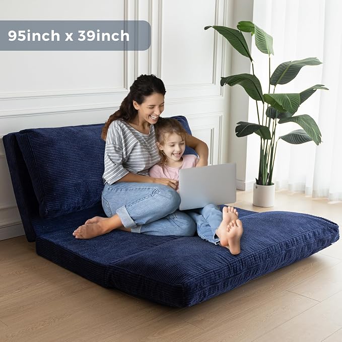 MAXYOYO Folding Sofa Bed, Extra Thick and Long Floor Sofa Convertible Chair with Washable Cover, Floor Couch Lounge Bean Bag Bed for Living Room, Navy, 39x91 Inch