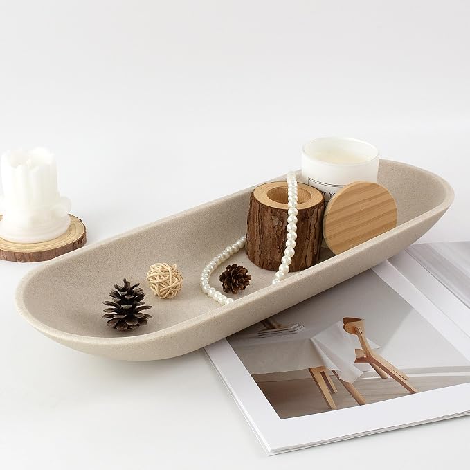 Long Decorative Bowl for Centerpiece, Dough Bowl for home decor 18" Beige | Minimalist Design Dough Bowl Decor for Coffee Table and Dining Table Centerpiece. Clutter Organizer with Anti-Slip Base
