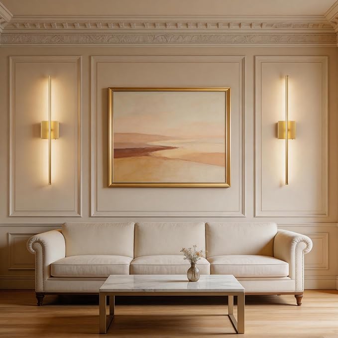 KARTOOSH 28.3 Inch Wall Sconces Battery Operated for Living Room Gold | Rechargeable Wireless Wall Lamp Set of 2, 3000K Warm White Dimmable Wall Light Remote Control Indoor Lighting for Bedroom