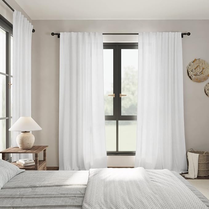 Extra Long White Curtain 108 inches Long 2 Panels Set for Living Room Back Tab Modern Farmhouse Decor Cotton Textured Off White Sheer Linen Curtains 108 inch Length for Large Window 9 FT Tall