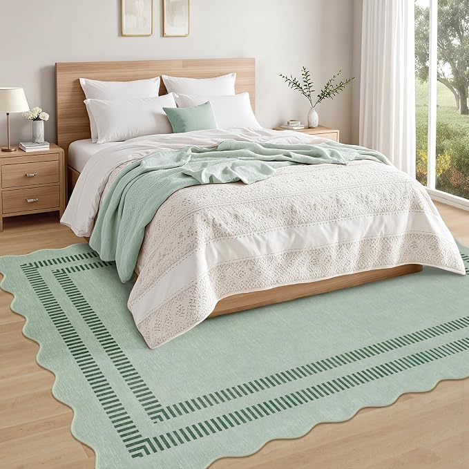 Scalloped Rug 5x7, Green Rugs for Living Room Ultra-Thin, Washable Area Rug Soft Rugs Non-Slip Throw Carpet for Bedroom Dining Room Playroom