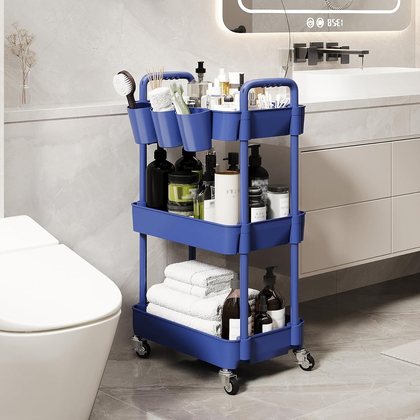 UDEAR 3-Tier Rolling Utility Cart,Multifunctional Storage Shelves with Handle and Lockable Wheels for Room,Office,Kitchen,Bathroom,with 3 Hanging Cups,Blue
