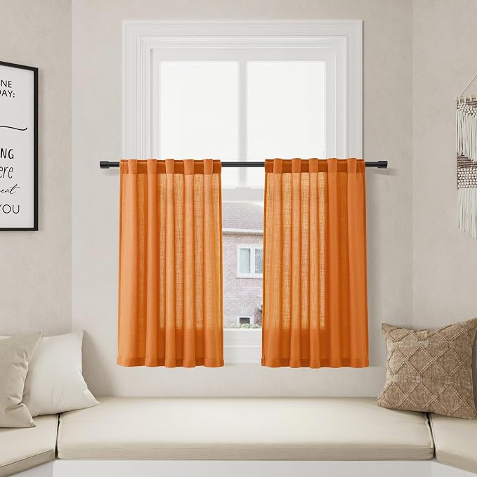 Orange Linen Cafe Kitchen Short Curtains 24 Inch Length 2 Panels Semi Sheer Linen Rustic Curtain Light Filtering Valances with Back Tab Rod Pocket for Boho Small Windows Cafe Bathroom 30Wx24L
