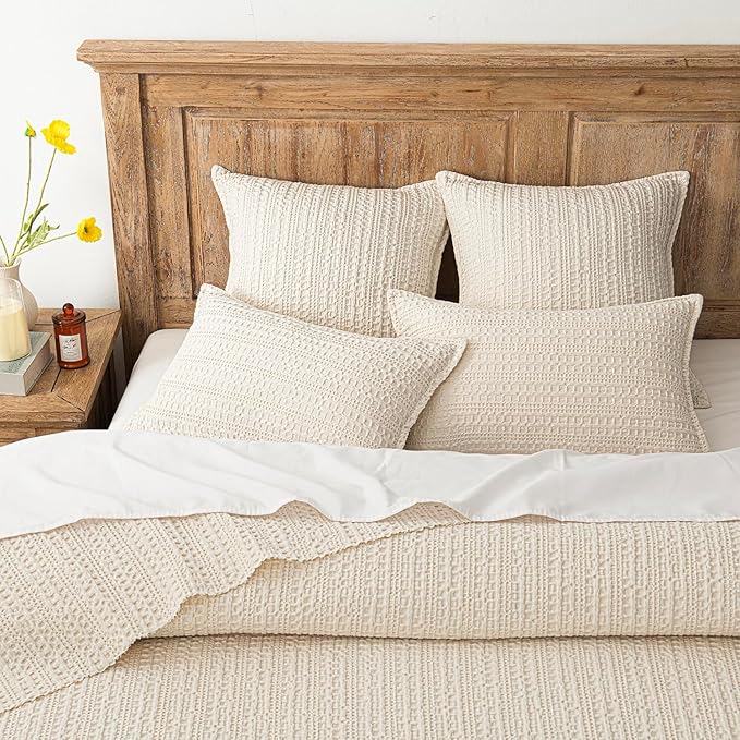 Foindtower Set of 2 Decorative Cotton Waffle Weave Throw Pillow Covers Euro Shams Cushion Covers Accent European Pillowcase for Bed Couch Sofa Bedroom Living Room Home Decor 26×26 Inch Natural Beige