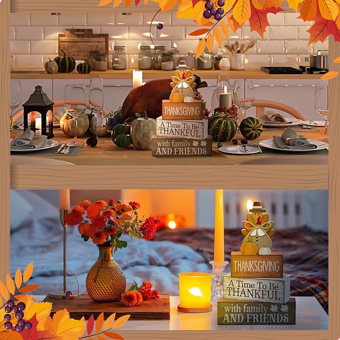 Lineshading 4 Pcs Thanksgiving Decoration for Home Wooden Turkey Decor Thanksgiving Table Centerpiece Fall Tiered Tray Decor Rustic Decorative Turkey Block Signs Gift for Home Kitchen Shelf