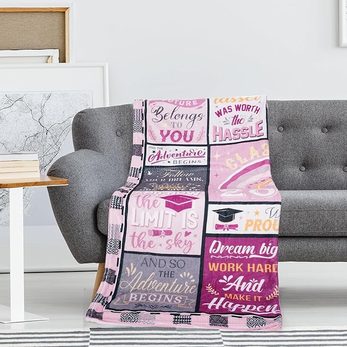 Graduation Gifts Blanket for Her, Soft Cozy Pink Class of 2026 Throw Blanket, Inspirational Quotes Graduation Blanket, 50"x60"