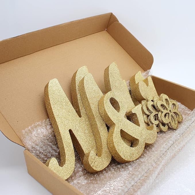 Mr & Mrs Sign for Wedding Table, Large Mr and Miss Wooden Letters, Just Married Sign Anniversary Party Valentine's Day Decor (Golden W/accessories), 12.5x7x2.5 inches