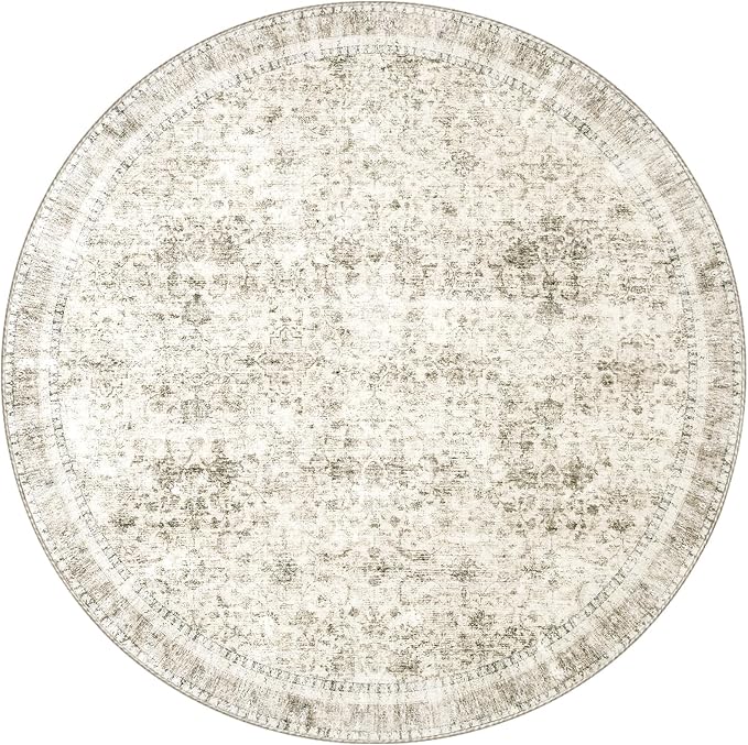 Sasttie Round Rug 4ft, Ultra-Soft Washable Circle Rug, Low Pile Foldable Thin Carpets with Non-Slip Backing, Skin-Friendly Stain Resistant Carpet for Living Room, Bedroom, Kitchen, Dorm, 4ft, Beige