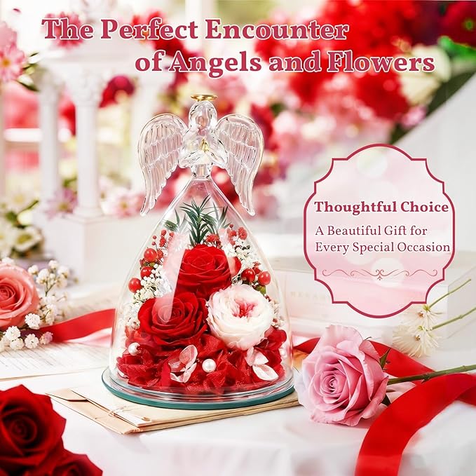 TranquilBliss Gifts for Mom, Flowers for Mother’s Day, Preserved Rose in Glass Dome with Light, Angel Figurines for Her Birthday, Valentine’s Day for Wife, Grandma, Women - Red