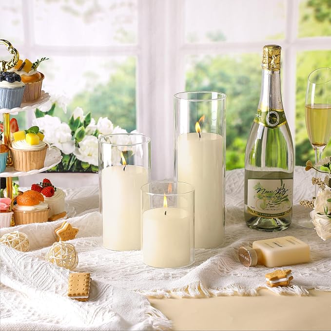 Shihanee Set of 6 Pillar Candles with Glass Cylinder Vases Clear Cylinder Hurricane Candleholders for Slim Tall Pillar Candles Wedding Table Centerpieces(3.4'' X 7", 9.8", 11.8",Ivory)