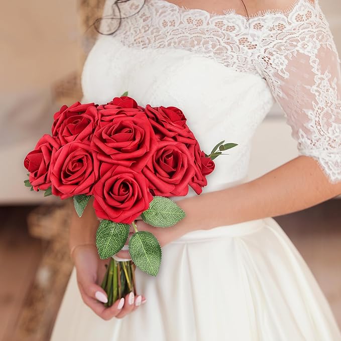 Mocoosy 50 Pcs Artificial Flowers Red Roses Bulk, Real Looking Fake Foam Roses with Stems DIY Wedding Bouquet Floral Arrangement Bridal Shower Centerpieces Mother's Day Party Home Table Decorations
