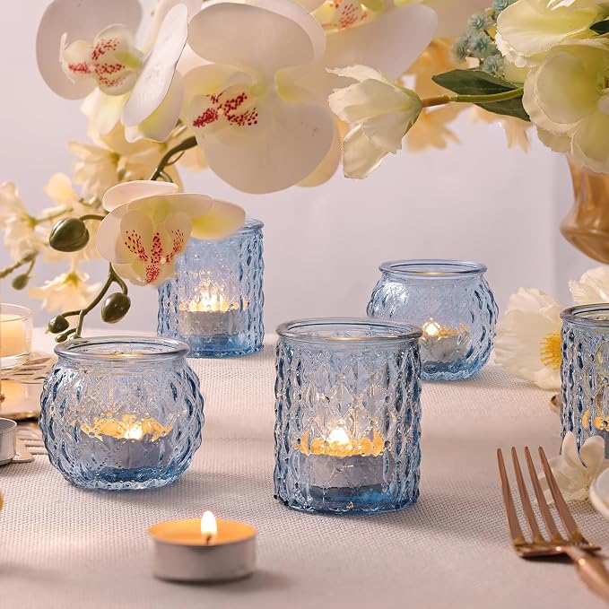 DARJEN 12Pcs Blue Votive Candle Holders- Glass Candle Holder for Vintage Decoration, Tea Lights Candle Holders for Wedding, Party Table Centerpieces & Gift