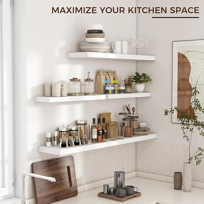 24" Wide x 6.5" Deep Floating Shelves for Wall, White Finish, 2-Pack | Engineered Wood Wall Shelves with Invisible Brackets for Living Room, Bedroom, Bathroom, Office & Kitchen Storage