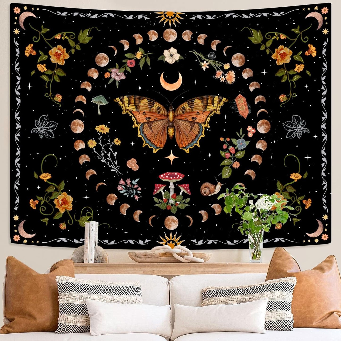 Aipon Orange Butterfly Moon Flower Tapestry Botanical Floral Plant Boho Tapestry for Bedroom Aesthetic Vintage Tapestries Wall Hanging for Living Room Dorm (68.00'' × 90.00'', Orange)