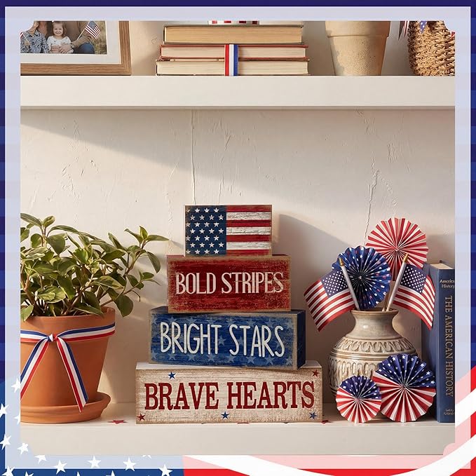 4 Pcs Memorial Day Decorations Wooden American Flag Patriotic 4th of July Tabletop Decoration Red White Blue Table Centerpieces Sign for Office Tiered Tray Home Shelf 250th Anniversary