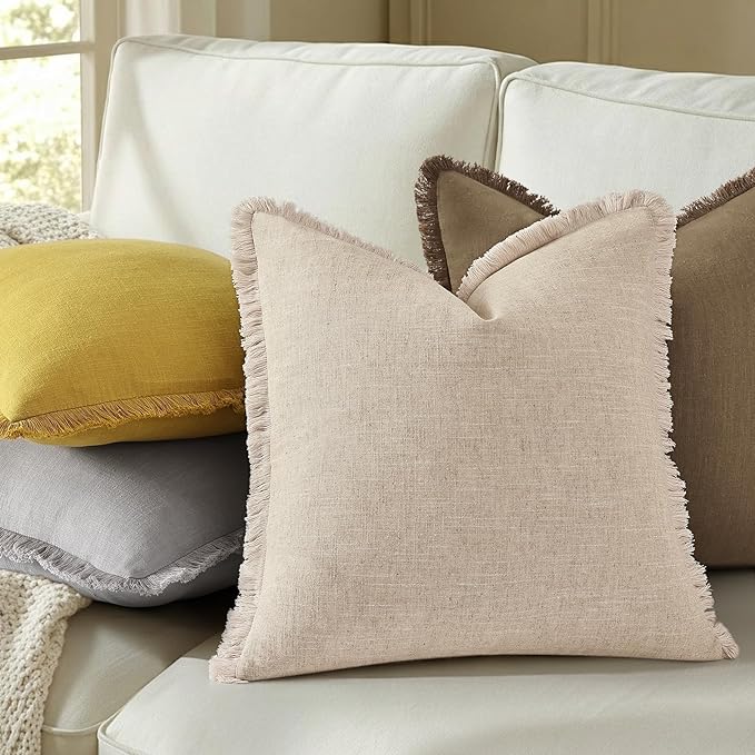 decorUhome Summer Decorative Neutral Linen Fringe Throw Pillow Covers Set of 2 Light Grey Pillow Covers with Tassels Soft Farmhouse Boho Accent Pillow Cases for Couch Bed Sofa 18x18 Inch