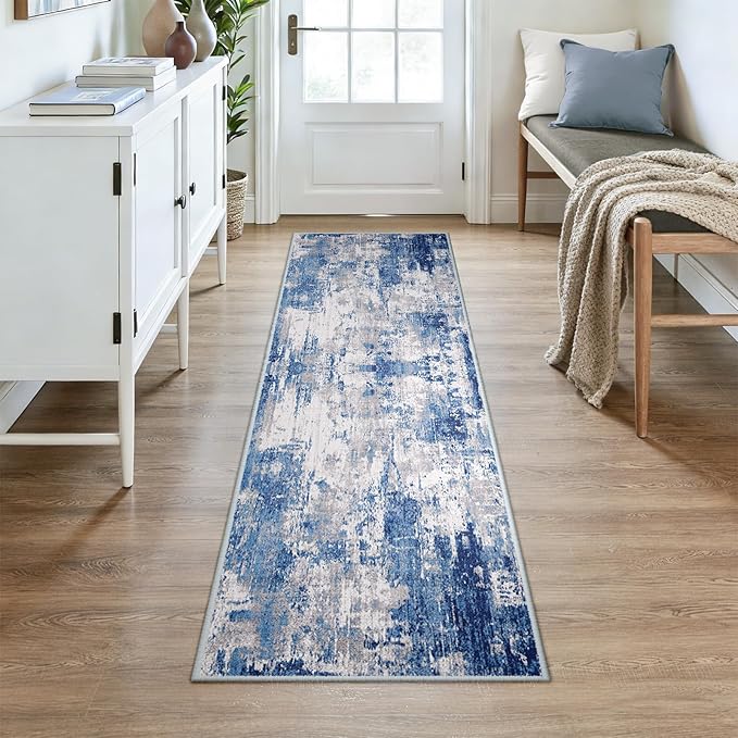 RELEANY Washable Area Rugs 2x7 Non-Slip Modern Abstract Soft for Living Room Entryway Bedroom Nursery, Print Pattern, Blue Grey Navy Gray