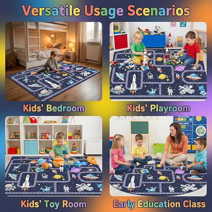 Space Rug 6x8 Feet Non Slip Kids Area Rug for Toy Cars Solar System Educational Road Traffic Carpet with Planets Astronauts Galaxy Theme for Boys Bedroom Playroom Nursery Dark Blue
