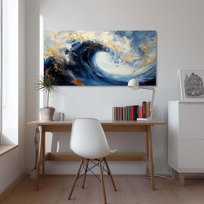 Ggaafet Navy Blue Waves Wall Art for Living Room Canvas Painting Prints Beautiful Ocean Sea Gold Art Deco Modern Artwork Office Bedroom Family Room Decor Extra Large