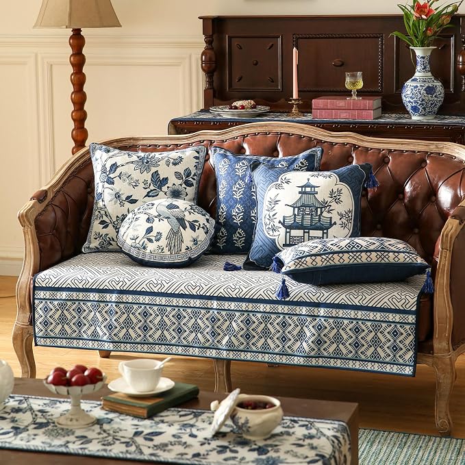 bilin gaier Designer Linen Throw Pillow Covers,18"x18" Set of 2-Suqing B | Chinoiserie Elegant Square Blue Pillow Cover,Concealed Zipper Design,Sofas,Bedroom,Living Room,Dining,Lounge Chairs