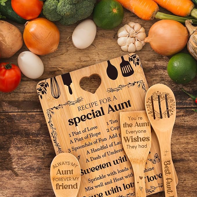 Gifts for Aunt - "Recipe for a Special Aunt" Aunt Birthday Gifts Cutting Board Set, Bamboo-Made Engraved Utensil Set, Aunty Birthday Gifts, Mothers Day Gifts for Aunt