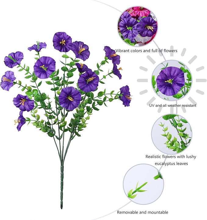 Ivydale 24 Bundles Artificial Flowers for Outdoors Faux Plants Spring Outdoor Decoration Silk Morning Glory Realistic UV Resistant Fake Petunias for Outside Porch Patio Window Garden Yard Home