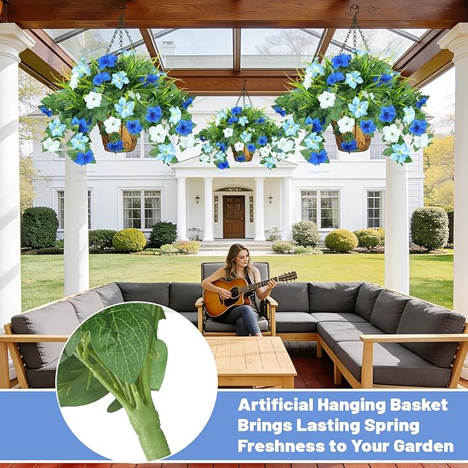 Artificial Flowers Hanging Baskets for Outdoors, 5PCS UV Resistant Faux Outdoor Plants, Fake Petunias Silk Flowers for Garden Balcony Yard Porch Decor (White Blue)