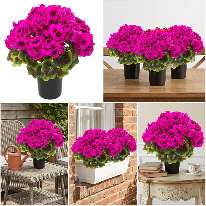 lovemoon 2Set Geranium Potted Artificial Flowers,Fake Geranium Plants for Outdoor Home Décor Office Tables Porch Garden Decor (2, Rose Red)