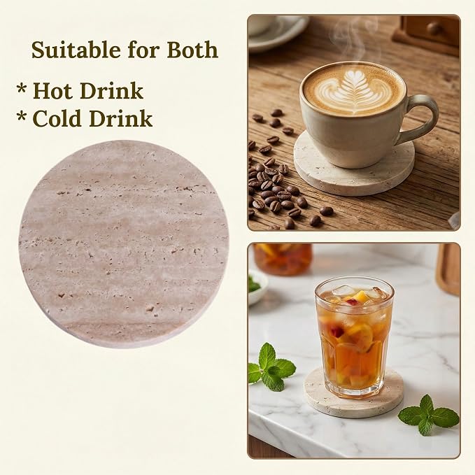 Travertine Stone Coasters, Round 4", Set of 4 | Drink Coasters, Housewarming Desktop Protection, Suitable for Various Cups, Sturdy and Durable, Aesthetics